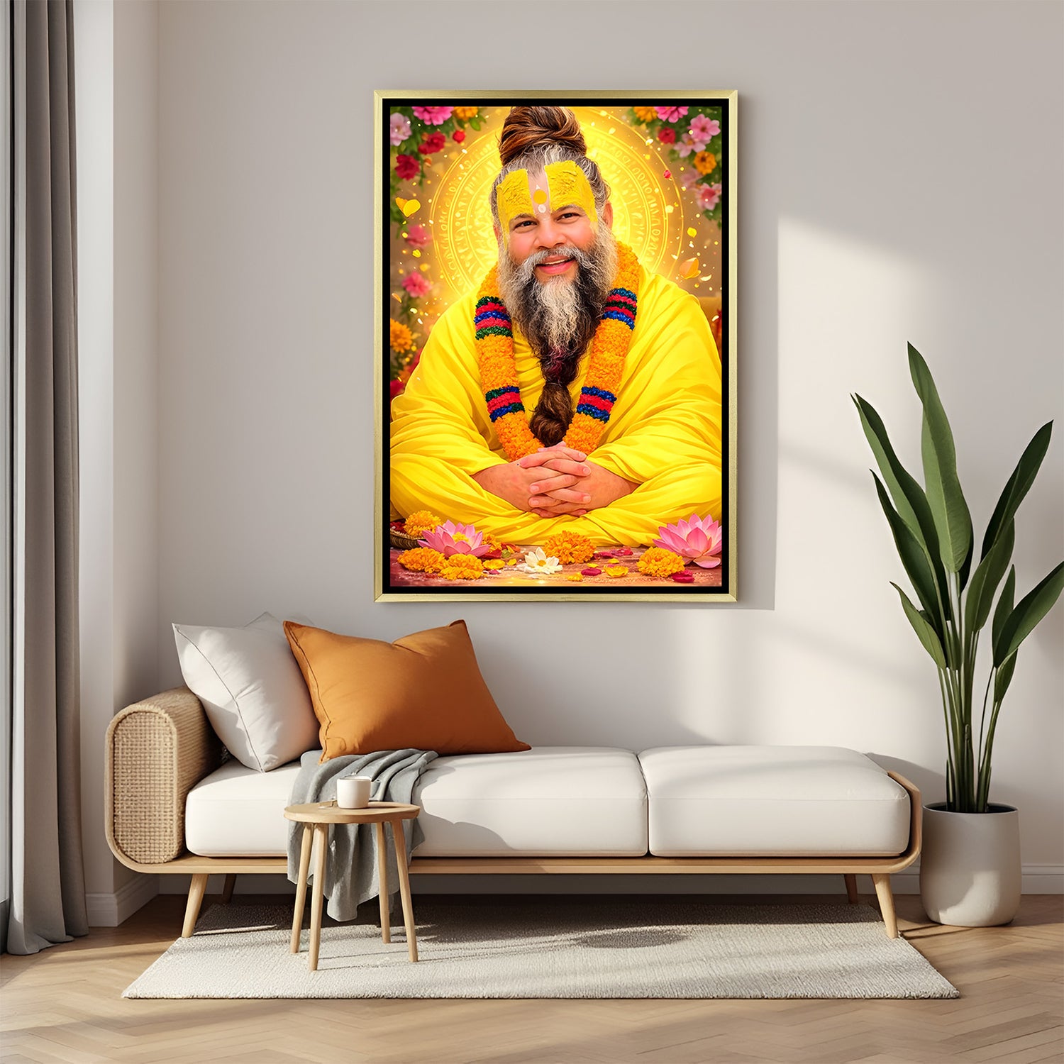 Premanand Ji Maharaj spiritual artwork with flowers and golden halo decor