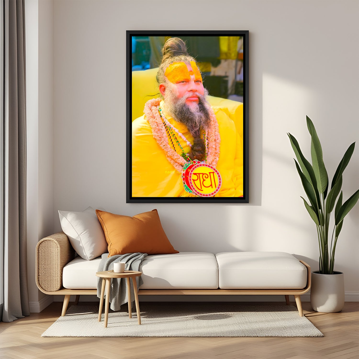 Premanand Ji Maharaj devotional glowing wall painting in black floater frame