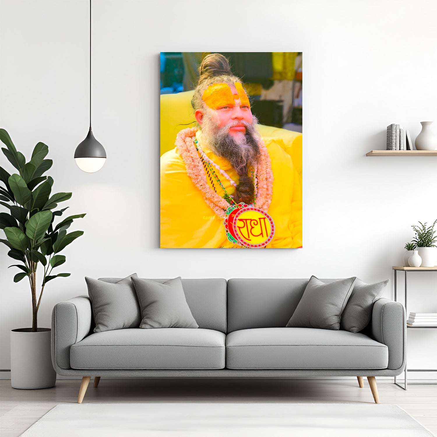 Premanand Ji Maharaj glowing spiritual canvas wall art with Radha Ji locket