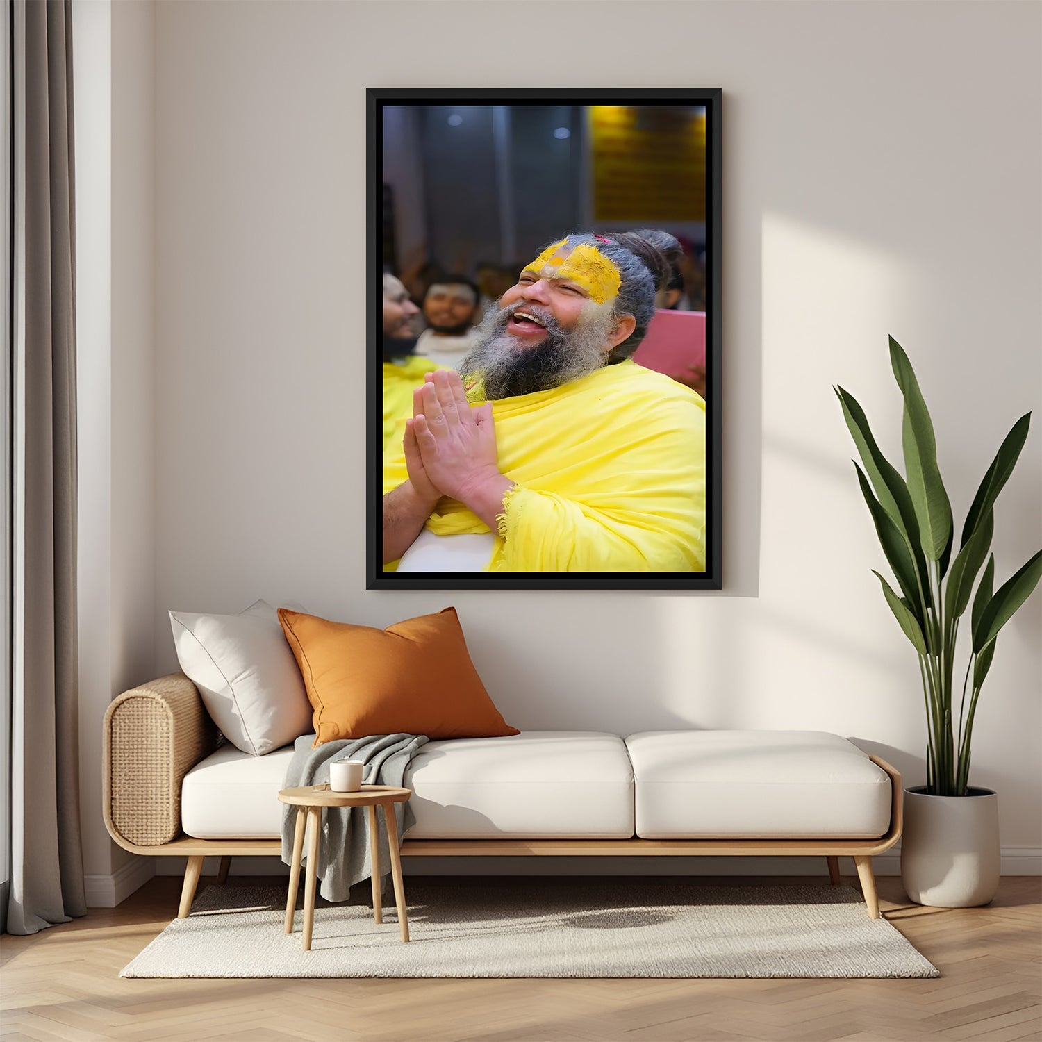 Premanand Ji Maharaj devotional greeting wall painting in black floater frame