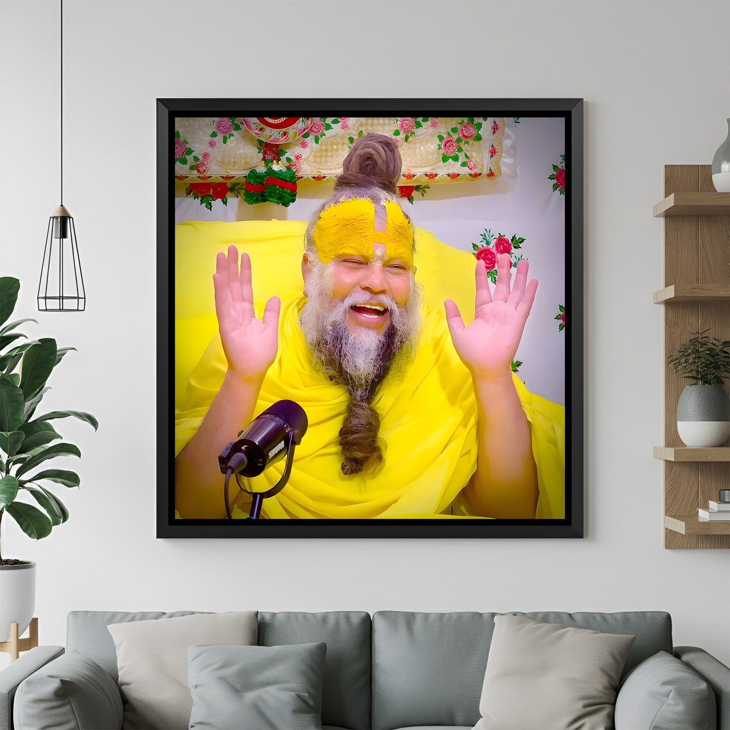 Premanand Ji Maharaj devotional laughing wall painting in black floater frame decor