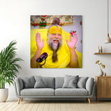 Premanand Ji Maharaj laughing spiritual canvas wall art with hand gesture and yellow tilak