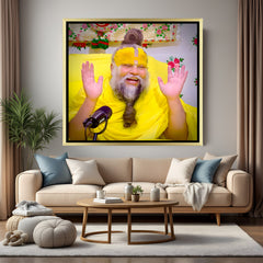 Premanand Ji Maharaj spiritual artwork with yellow tilak in golden floater frame