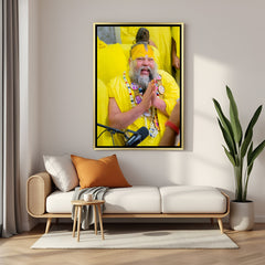 Premanand Ji Maharaj joyful spiritual artwork in golden floater frame decor