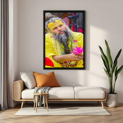 Premanand Ji Maharaj devotional wall painting in black floater frame decor