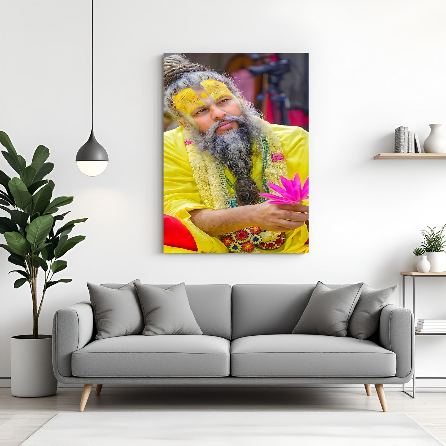 Premanand Ji Maharaj spiritual canvas wall art with peaceful listening expression
