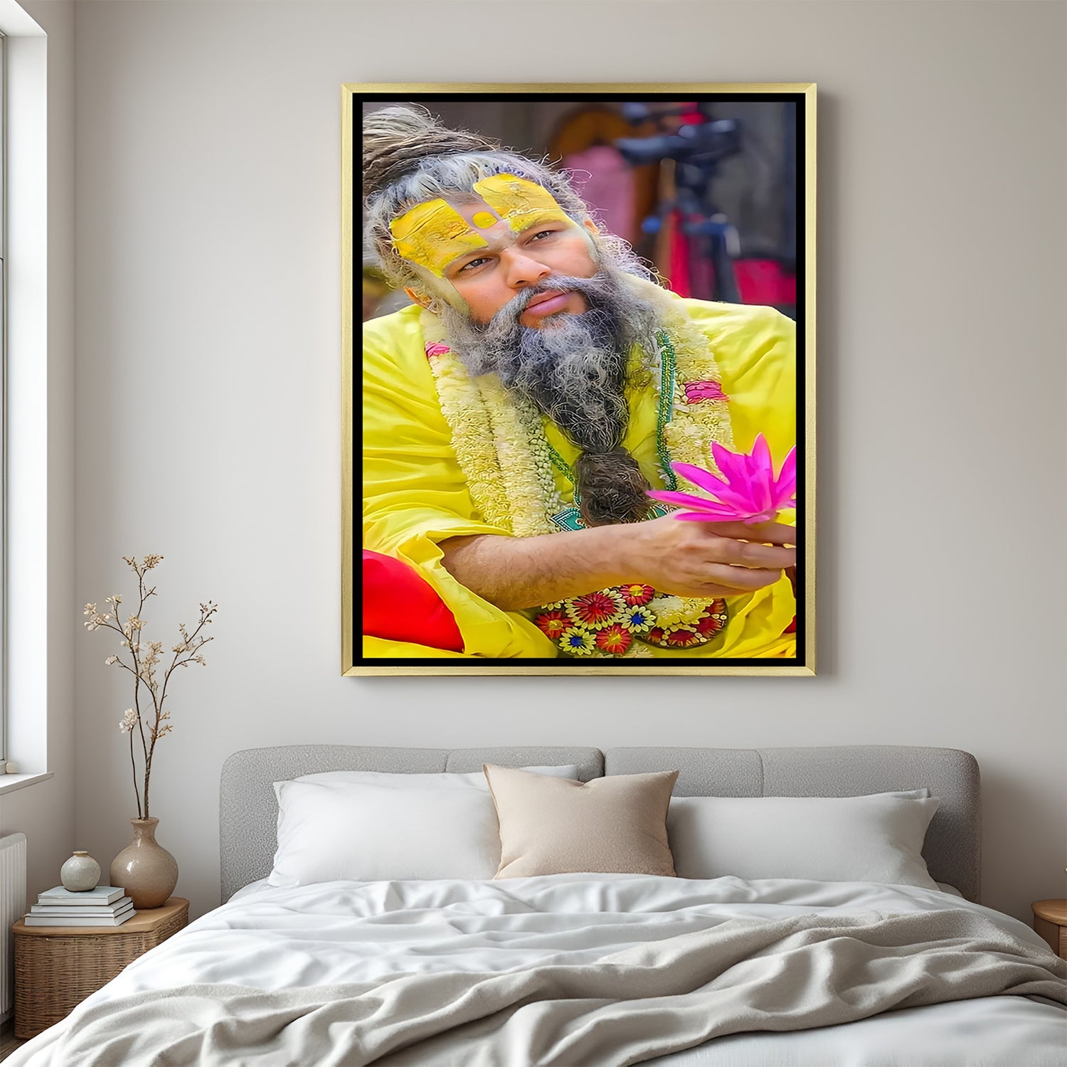 Premanand Ji Maharaj spiritual artwork in golden floater frame devotional decor