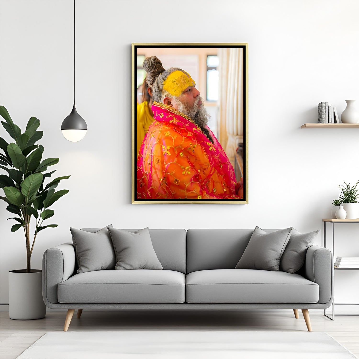 Premanand Ji Maharaj spiritual side pose artwork in golden floater frame decor