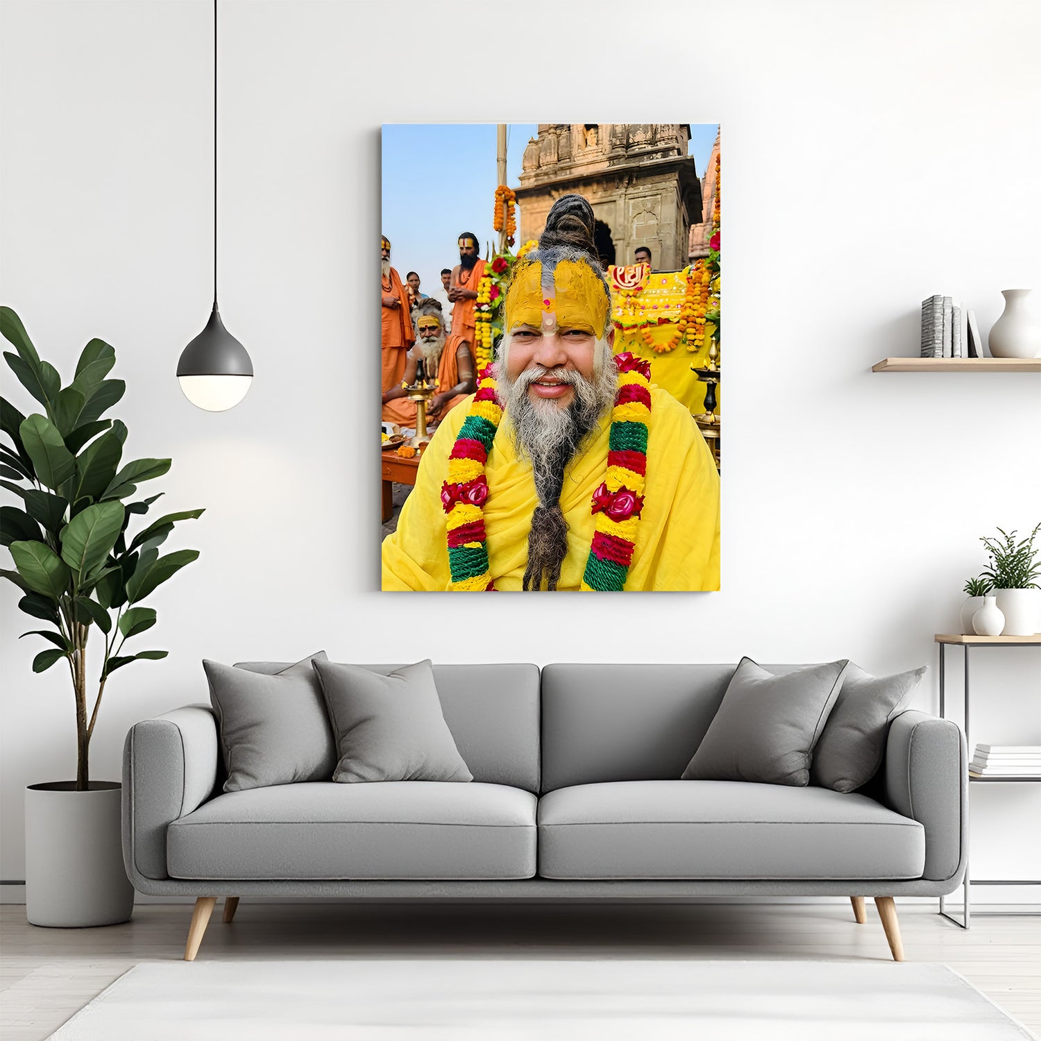 Premanand Ji Maharaj spiritual canvas wall art with yellow tilak and temple background