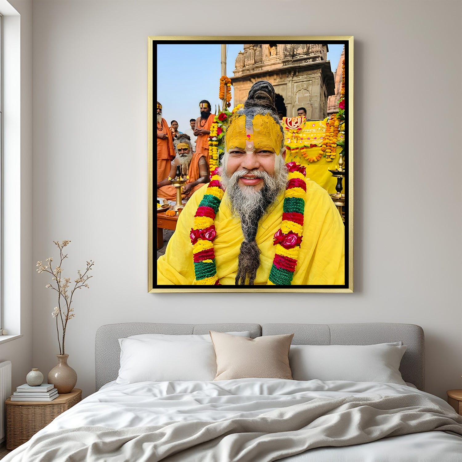 Premanand Ji Maharaj spiritual artwork in golden floater frame premium devotional decor