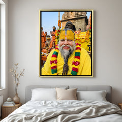 Premanand Ji Maharaj spiritual artwork in golden floater frame premium devotional decor