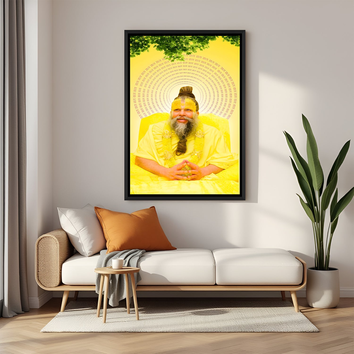 Premanand Ji Maharaj devotional yellow wall painting in black floater frame
