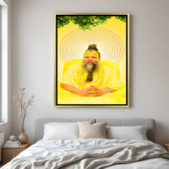 Premanand Ji Maharaj spiritual yellow artwork in golden floater frame decor