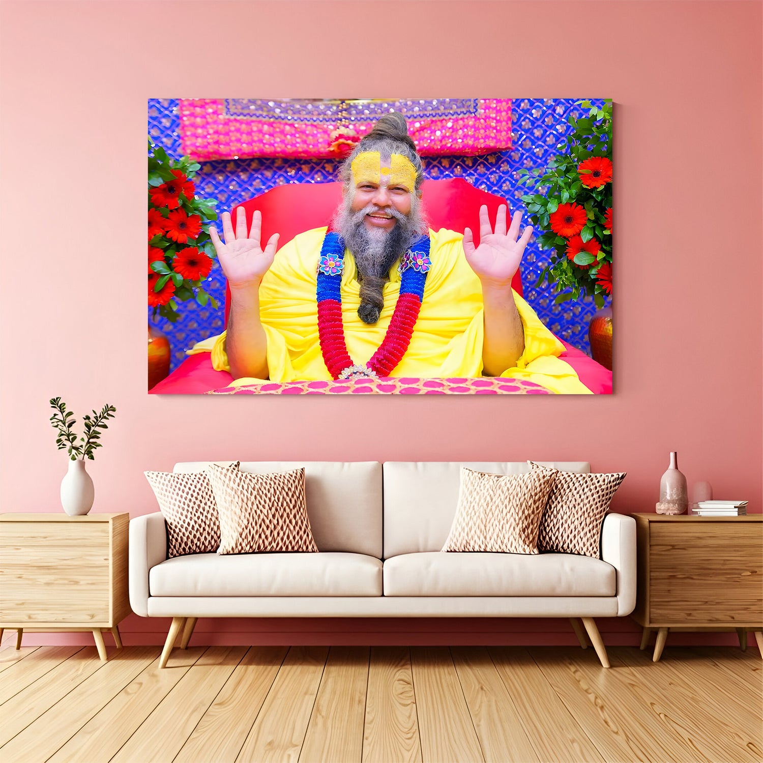 Premanand Maharaj smiling spiritual canvas wall art with blessing pose and colorful decor