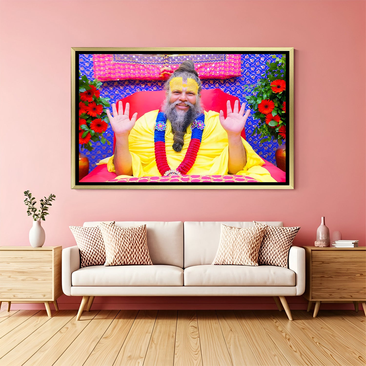 Premanand Maharaj spiritual artwork in golden floater frame premium devotional decor