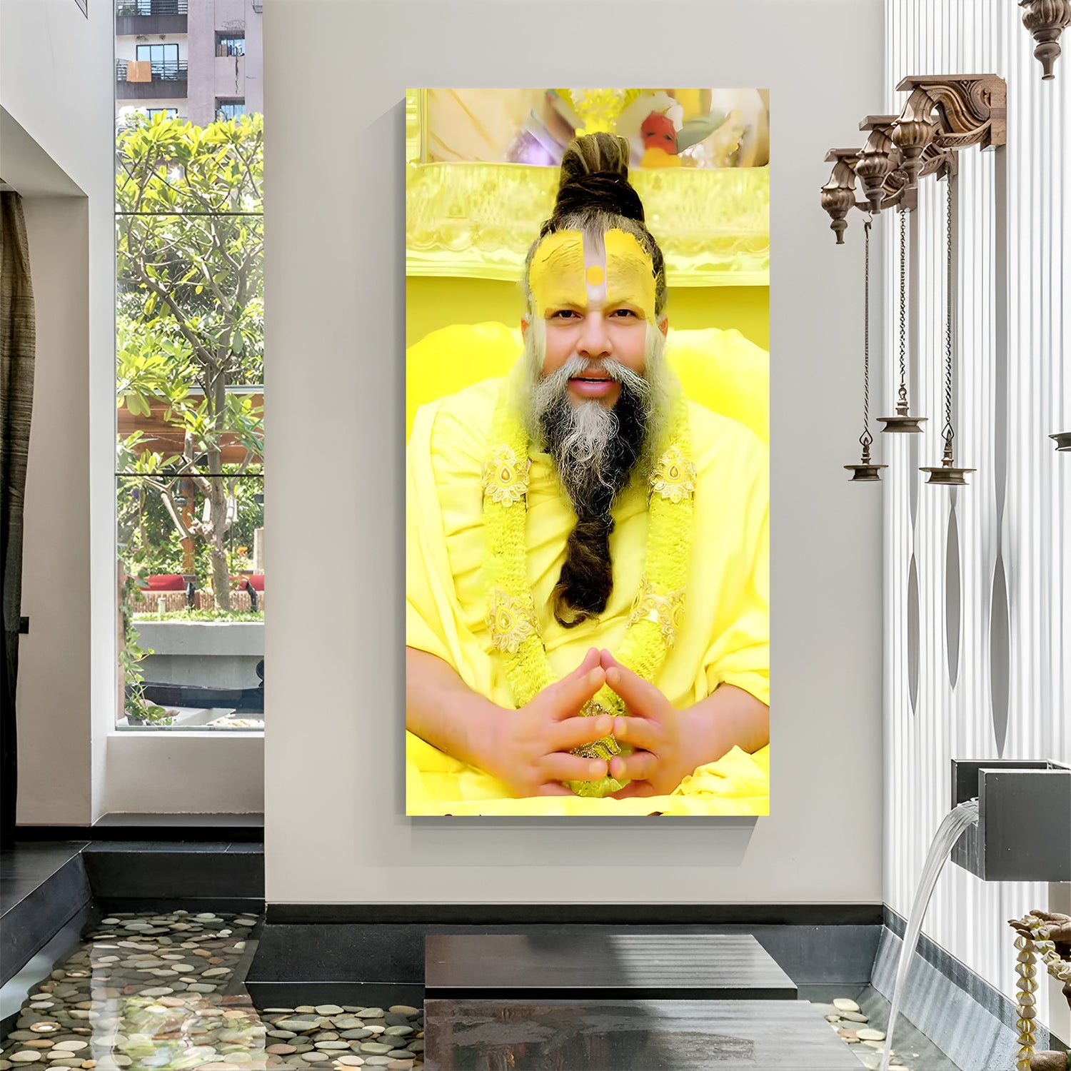 Premanand Maharaj spiritual canvas wall art with yellow attire and sacred tilak