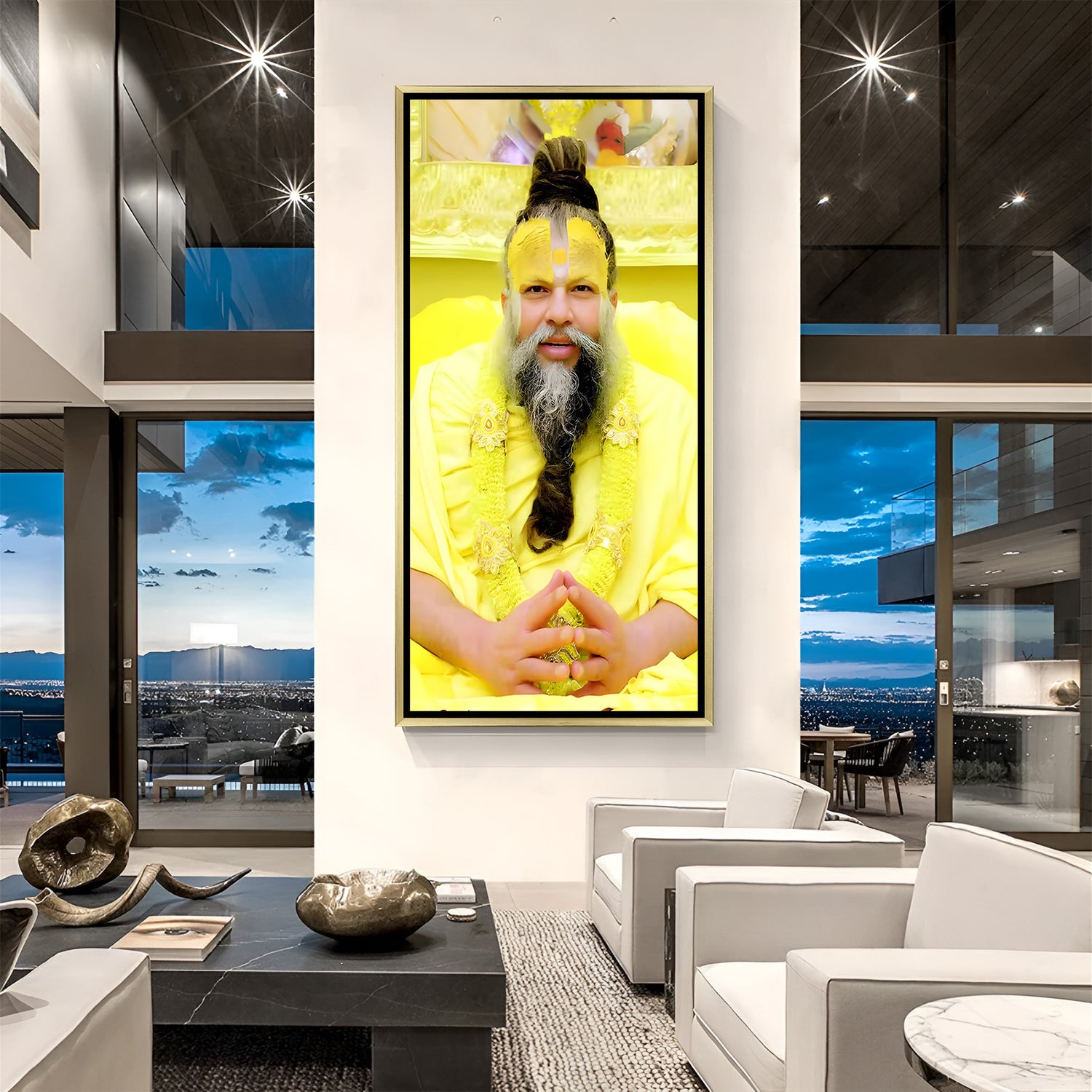 Premanand Maharaj spiritual artwork in golden floater frame premium devotional decor