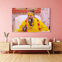Premanand Maharaj spiritual canvas wall art smiling with Radha Ji locket decor