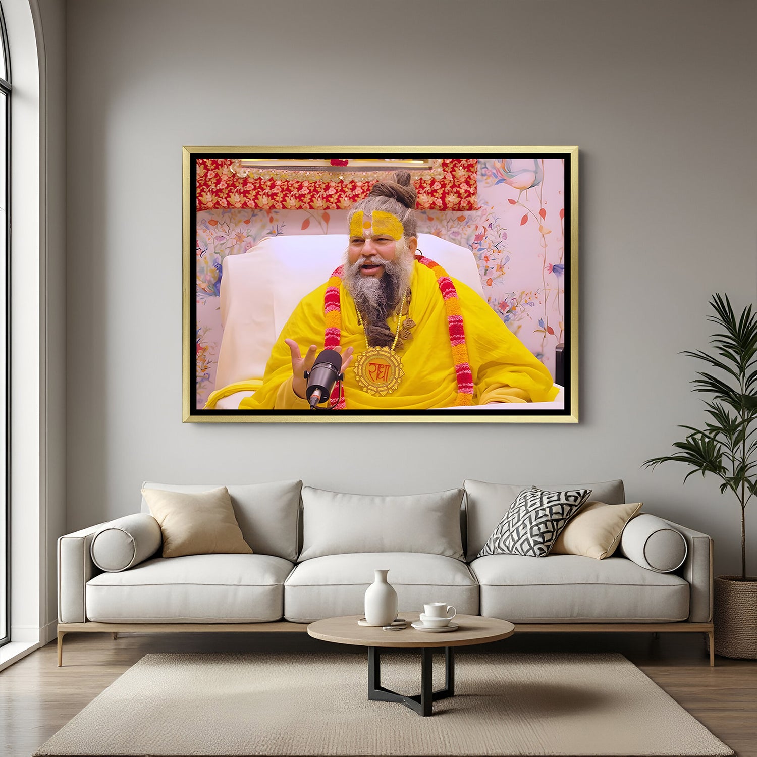 Premanand Maharaj spiritual artwork in golden floater frame devotional wall decor