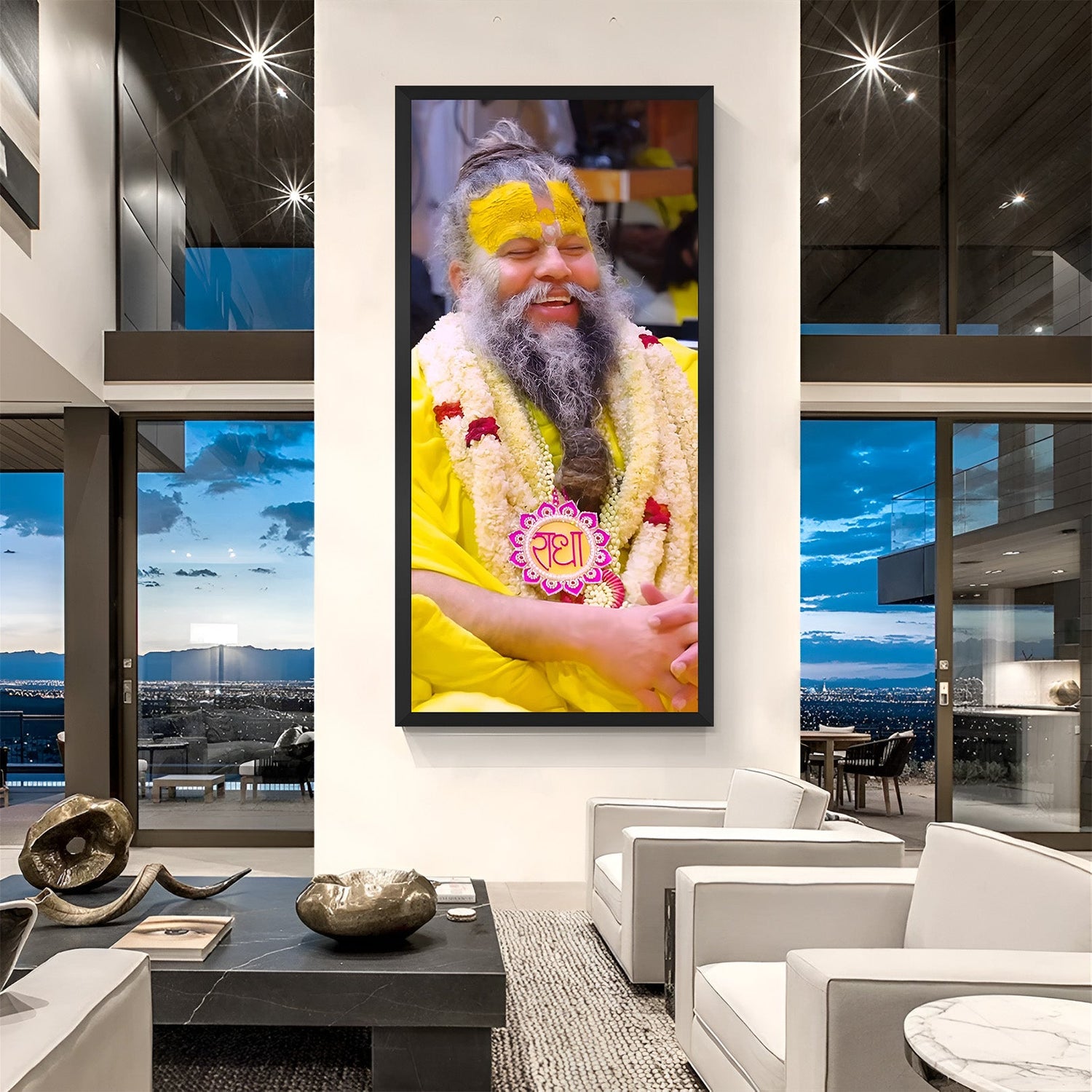 Premanand Maharaj Ji Canvas Painting in black floater frame for devotional and Vastu-inspired wall decor in home or meditation spaces
