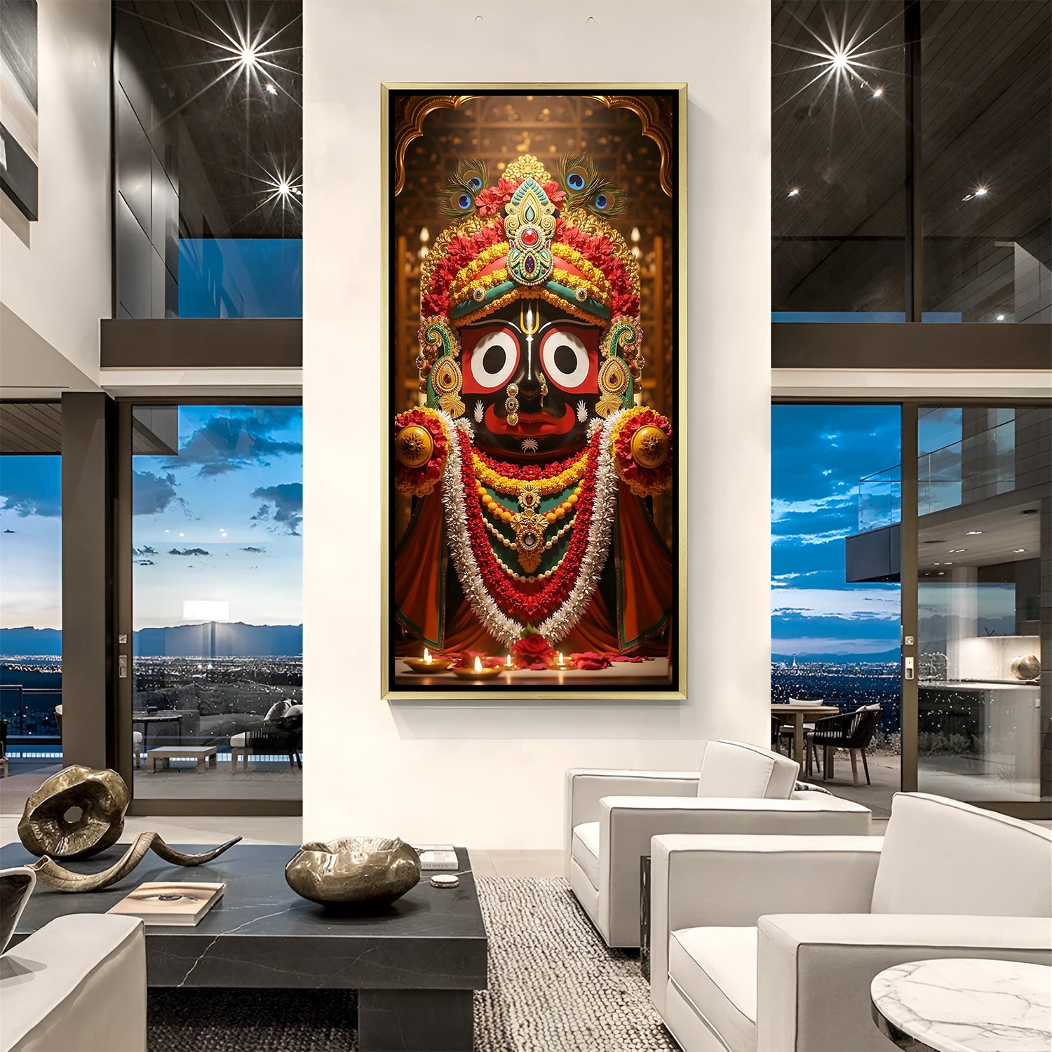 Jagannath devotional portrait in golden floater frame featuring vibrant garlands and ornate temple backdrop.