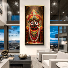 Jagannath devotional portrait in golden floater frame featuring vibrant garlands and ornate temple backdrop.