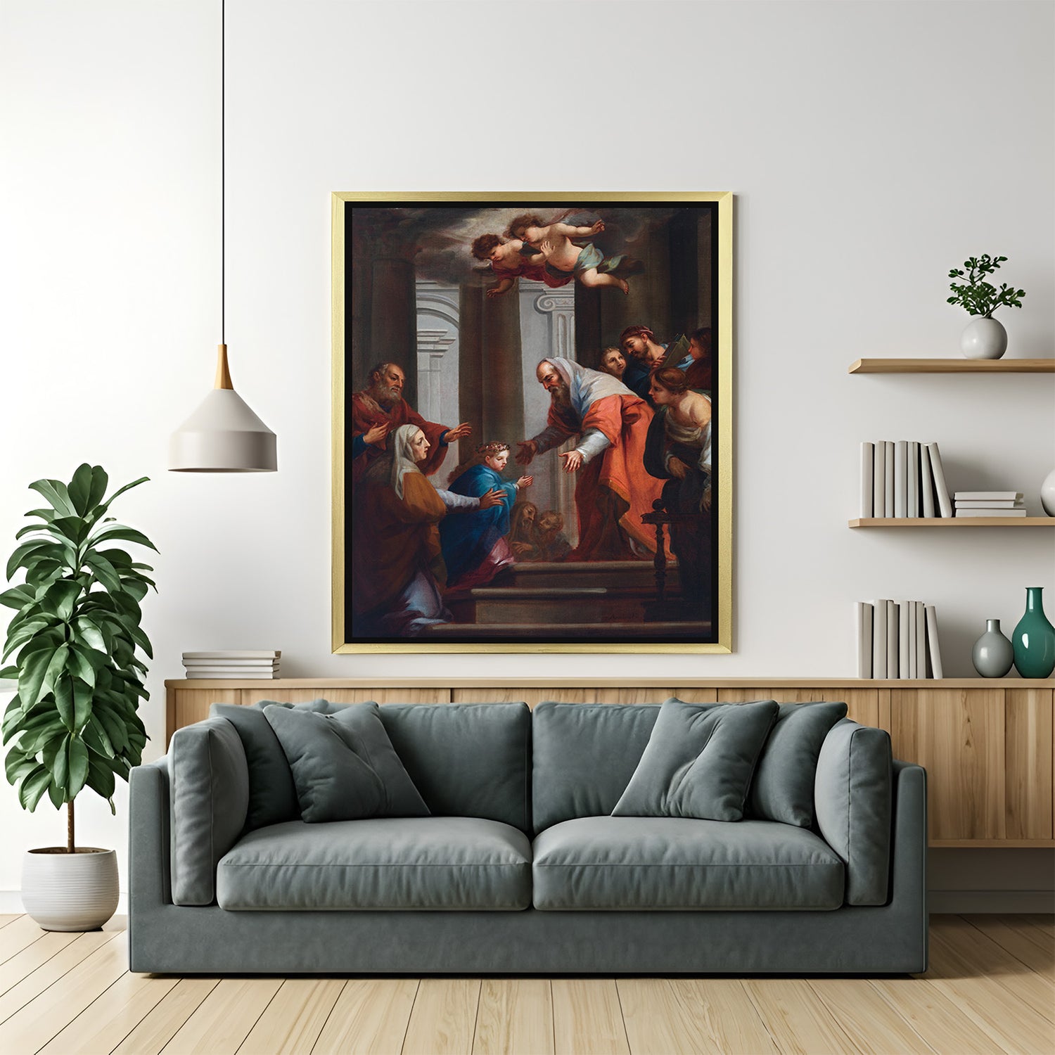 Golden-framed baroque canvas of Virgin Mary in temple—aged wall art perfect for classical and sacred decor