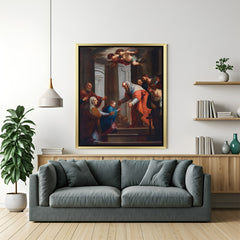 Golden-framed baroque canvas of Virgin Mary in temple—aged wall art perfect for classical and sacred decor
