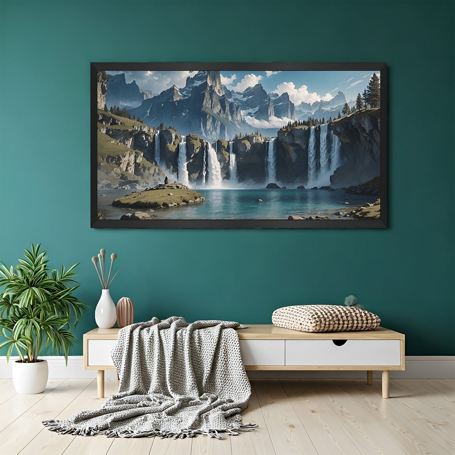 Waterfall vastu canvas in black floater frame with symbolic flowing energy, ideal for modern home or office interiors aiming for peace and wealth