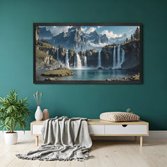 Waterfall vastu canvas in black floater frame with symbolic flowing energy, ideal for modern home or office interiors aiming for peace and wealth