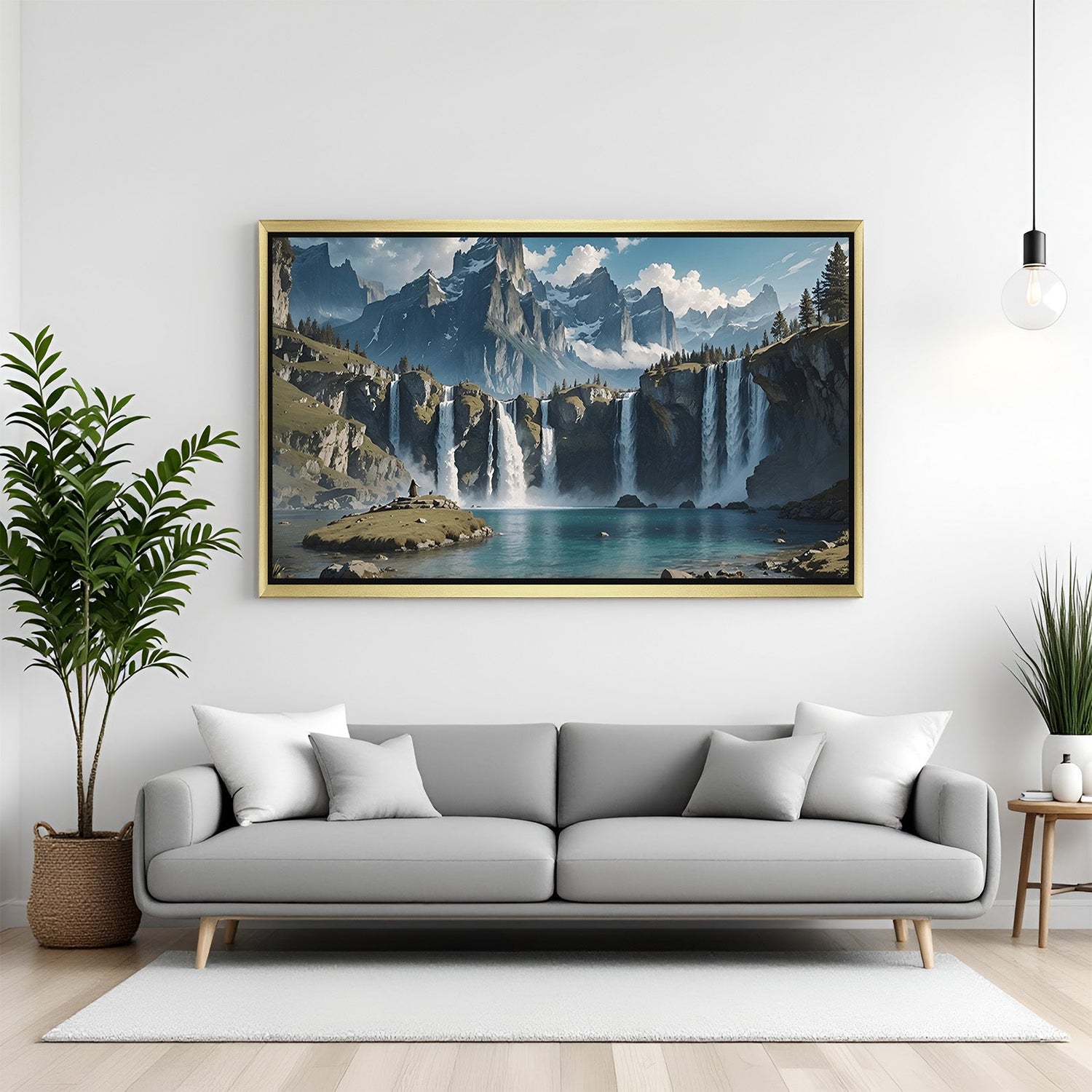 Golden floater frame prosperity waterfall painting with vastu benefits for wealth attraction, peaceful ambience, and positive energy in interiors