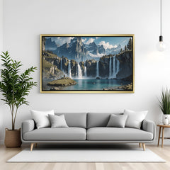 Golden floater frame prosperity waterfall painting with vastu benefits for wealth attraction, peaceful ambience, and positive energy in interiors