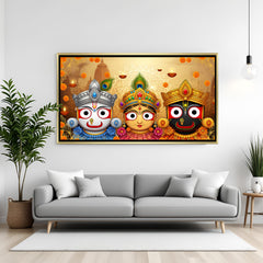 Temple-inspired Jagannath Balabhadra Subhadra wall decor in golden floater frame.