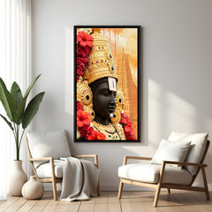 Side profile Tirupati Balaji artwork adorned with red flowers in elegant black floater frame
