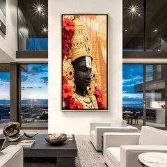 Detailed Tirupati Balaji profile canvas painting with golden crown and floral adornments in luxurious golden floater frame