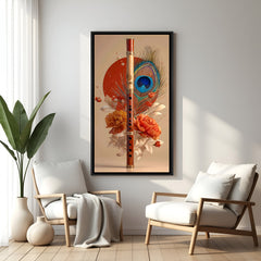 Krishna-inspired flute and peacock feather artwork with orange blossoms in elegant black floater frame