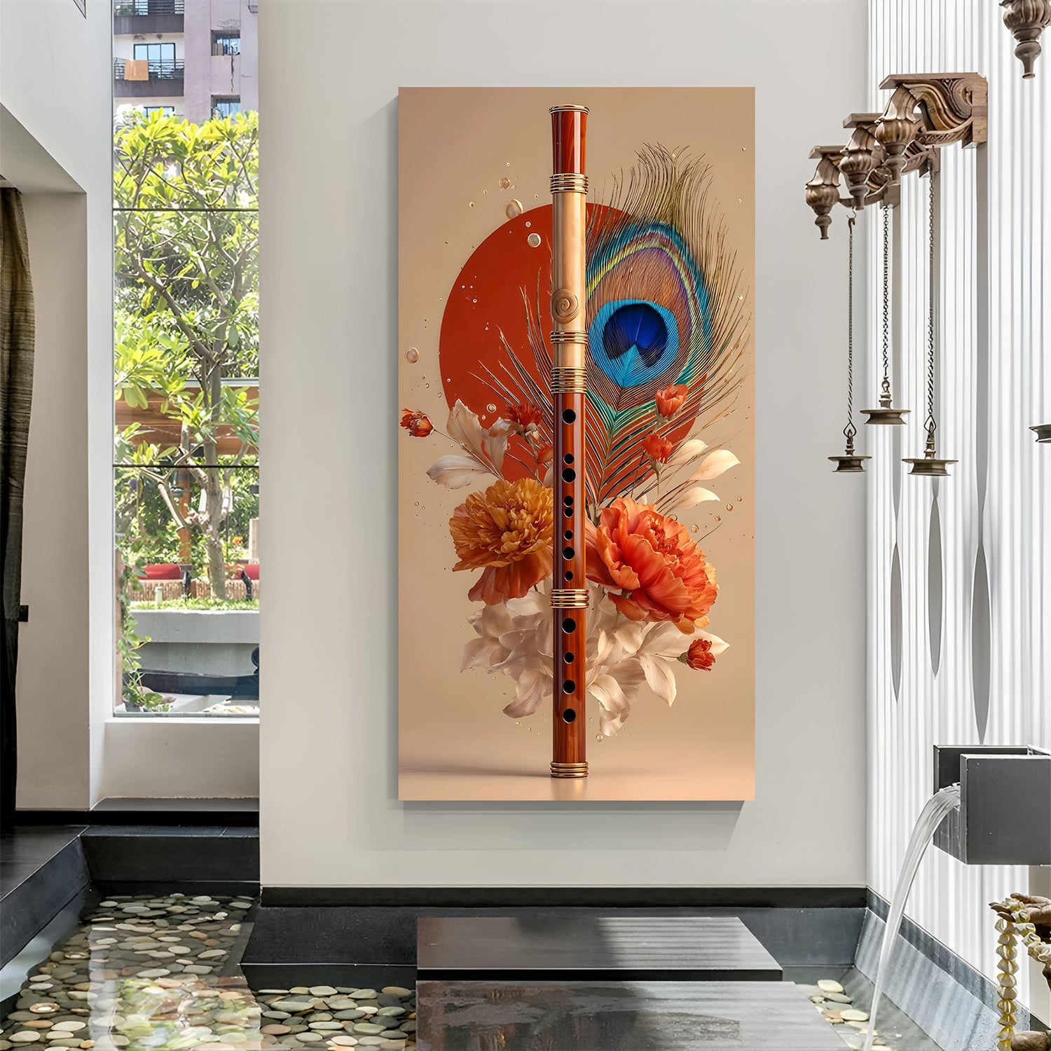 Wooden bansuri with vibrant peacock feather and orange flowers on a soft peach background in premium canvas wrapped frame