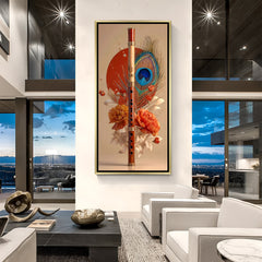 Decorative bansuri and morpankh canvas painting with floral accents in luxurious golden floater frame