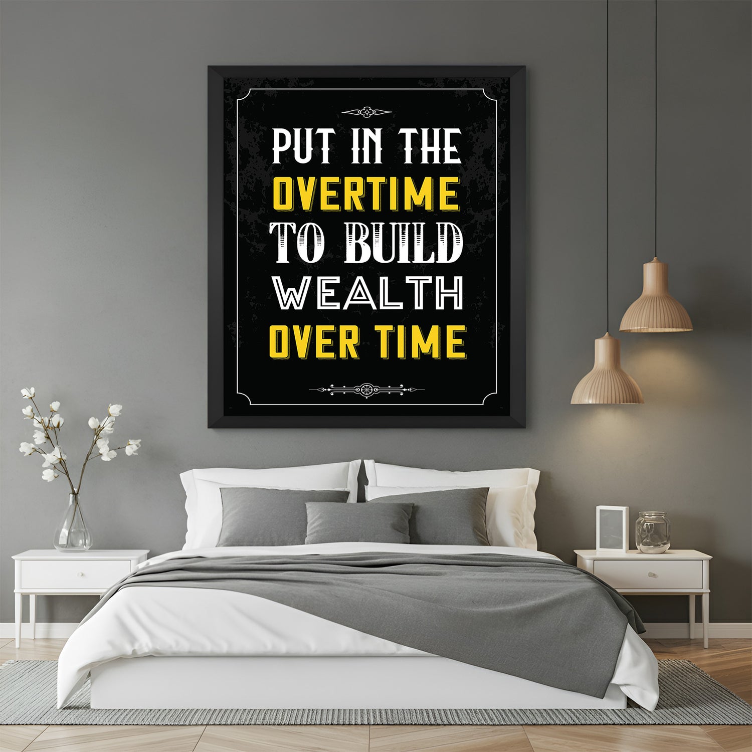 Put in Overtime to Build Wealth Over Time motivational canvas wall art with black floater frame