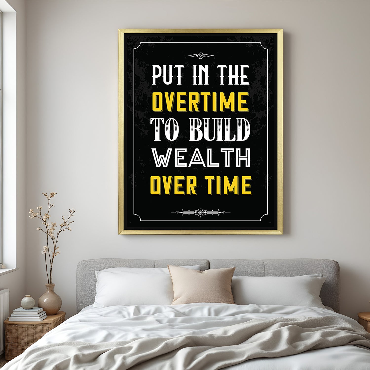 Put in Overtime to Build Wealth Over Time motivational canvas wall art with golden floater frame