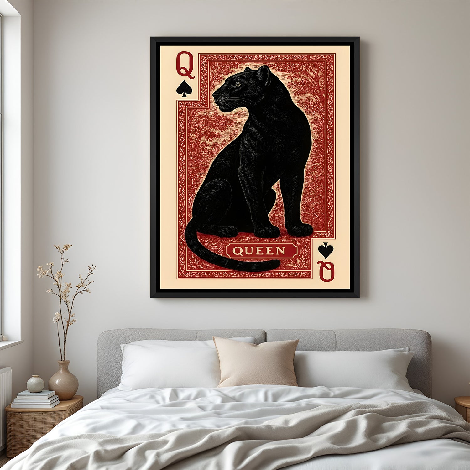 Queen Panther wall art in elegant black floater frame with vintage playing card design
