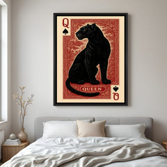 Queen Panther wall art in elegant black floater frame with vintage playing card design