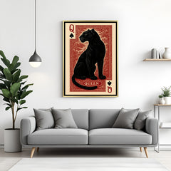 Queen Panther artwork in luxury golden floater frame featuring black panther queen of spades design