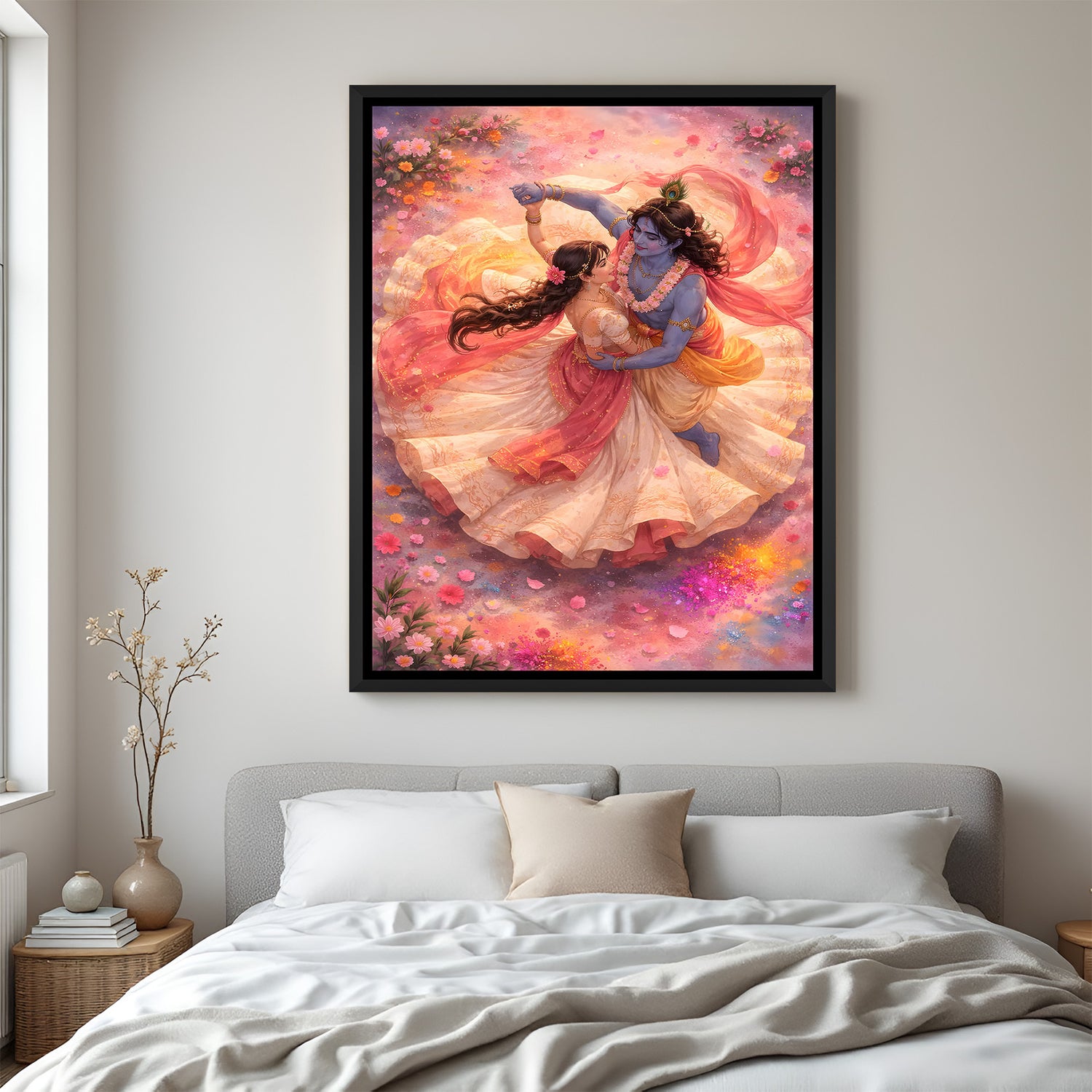 Radha Krishna dance wall painting in elegant black floater frame with spiritual and romantic theme