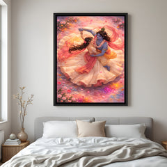 Radha Krishna dance wall painting in elegant black floater frame with spiritual and romantic theme