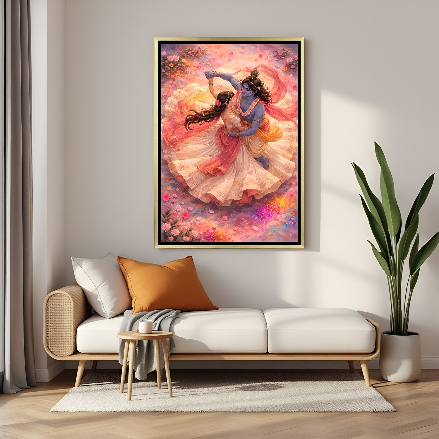 Divine Radha Krishna dancing artwork in luxurious golden floater frame with devotional elegance
