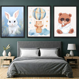 Set of 3 canvas prints showing a rabbit, teddy in hot air balloon, and teddy bear in towel sipping coffee – adorable animal art for kids' rooms