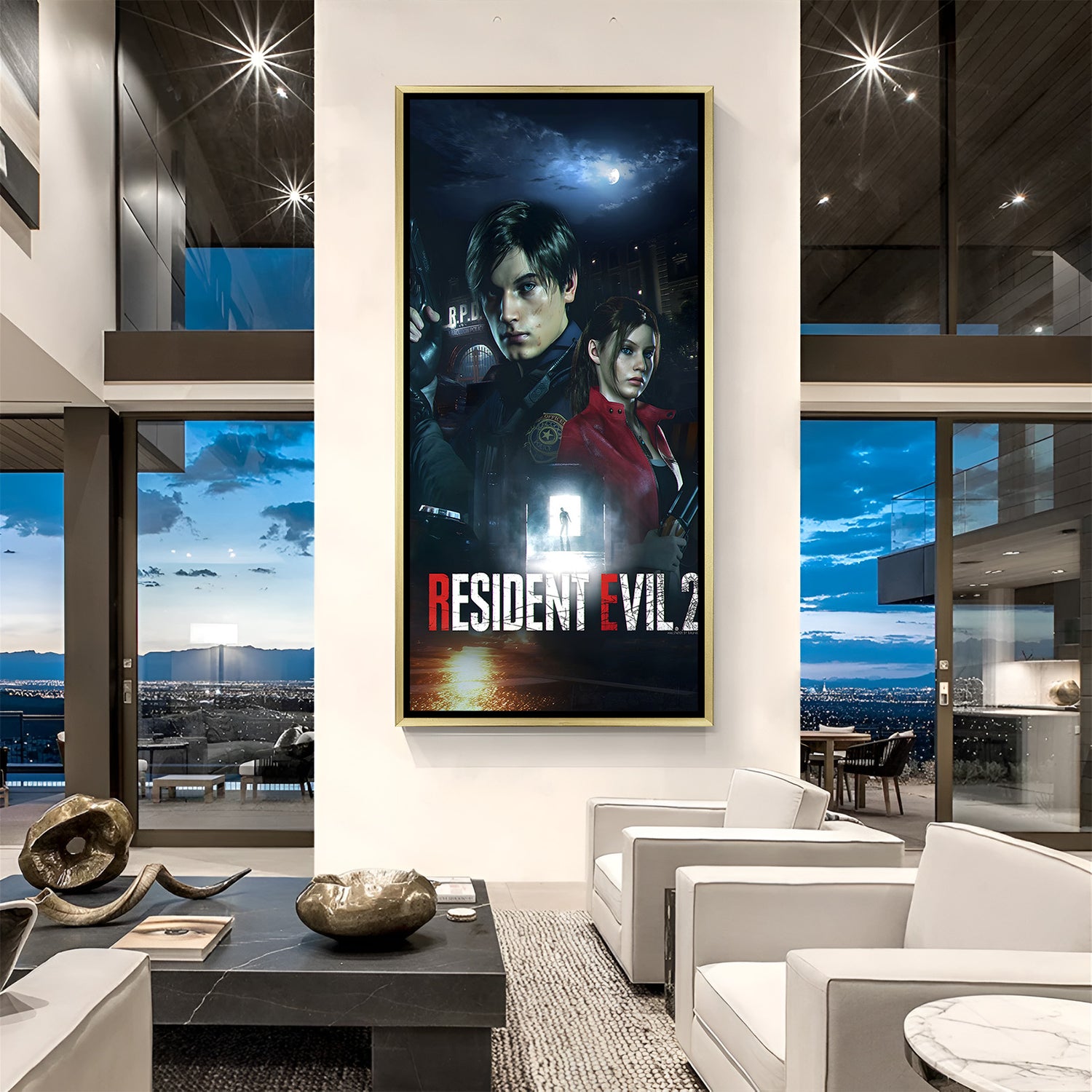 Raccoon City Nightmare artwork in luxury golden floater frame featuring dramatic horror game scene