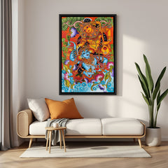 Radha Krishna Kerala mural wall painting in elegant black floater frame for spiritual interiors