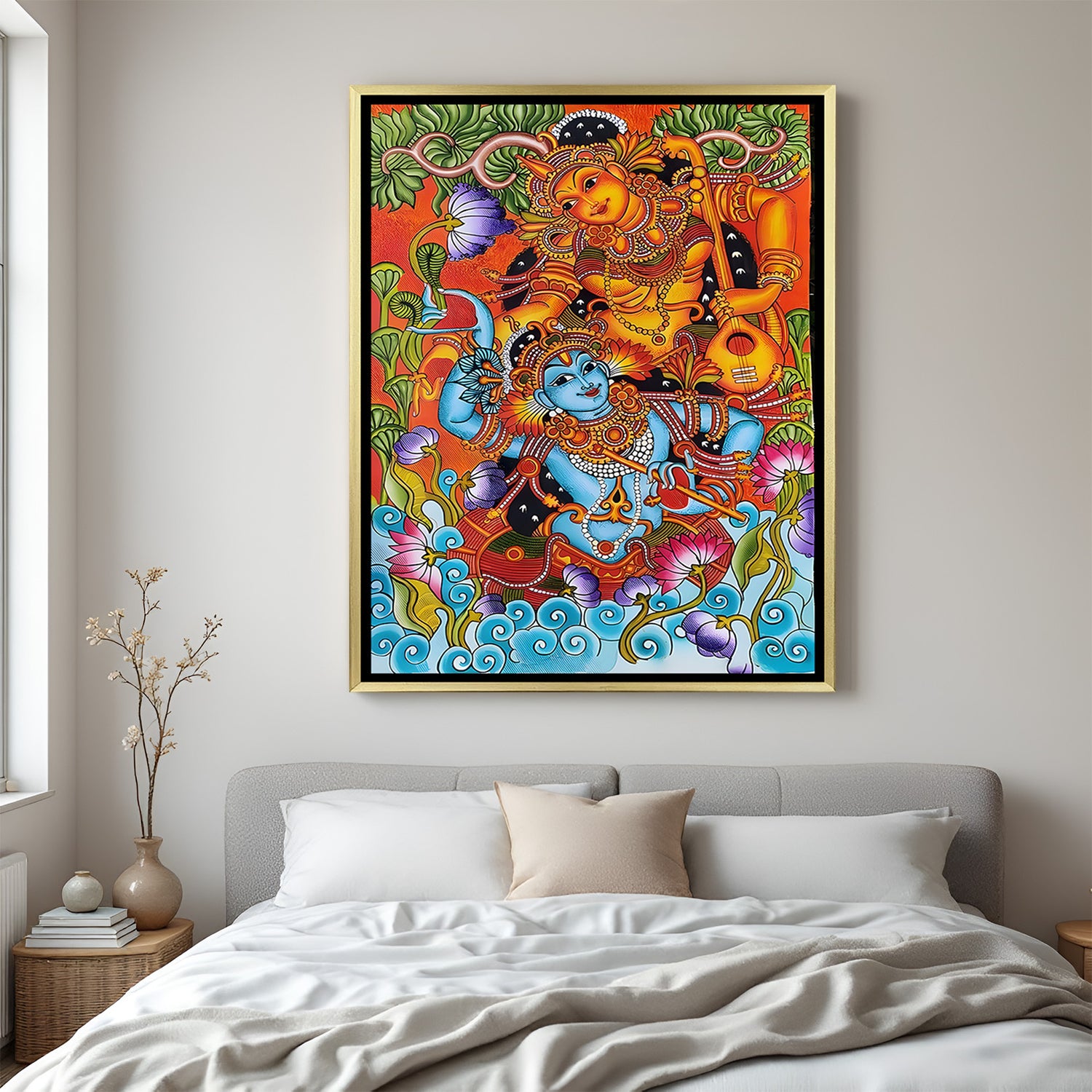 Luxury Radha Krishna Kerala mural artwork in golden floater frame with intricate traditional Indian design